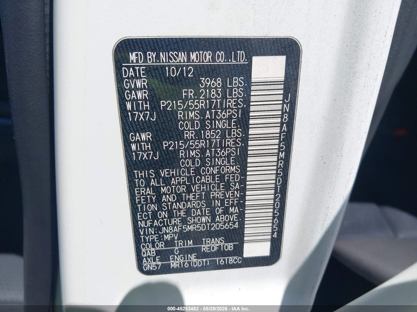 2013 Nissan Juke VIN JN8AF5MR5DT205654 IAAI salvage auction — FRONT END, Salvage Title, sold $800 on 2026-07-08 (photo 9)