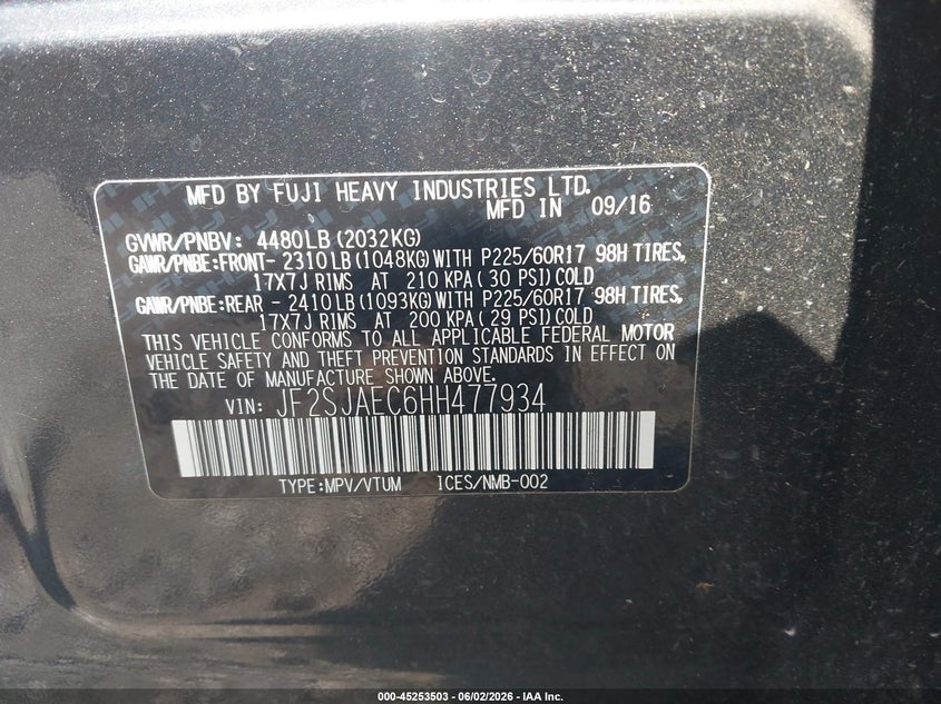 2017 Subaru Forester VIN JF2SJAEC6HH477934 IAAI salvage auction — FRONT END, Salvage Title, sold $3,250 on 2026-07-05 (photo 9)