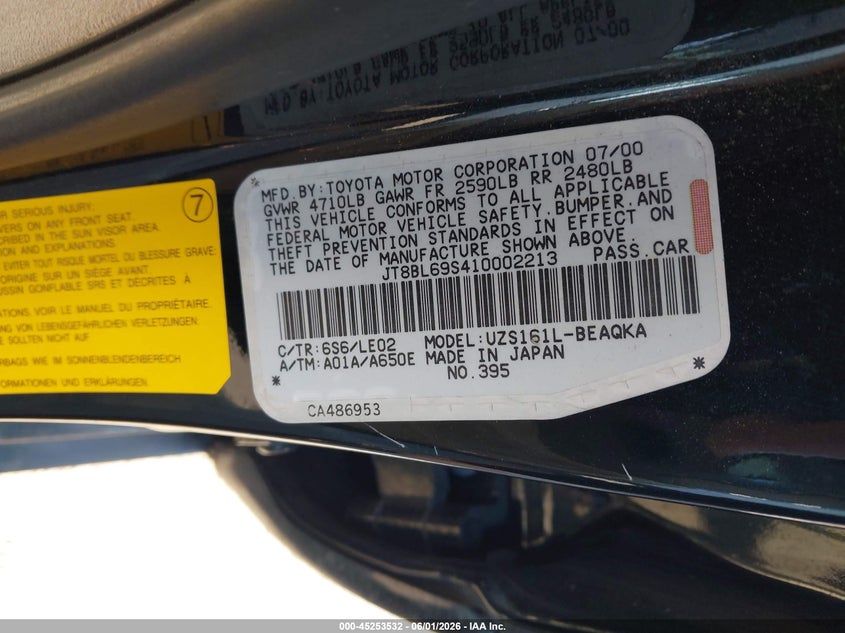 2001 Lexus Gs 430 VIN JT8BL69S410002213 IAAI salvage auction — FRONT END, Salvage (Oregon), sold $900 on 2026-07-07 (photo 9)