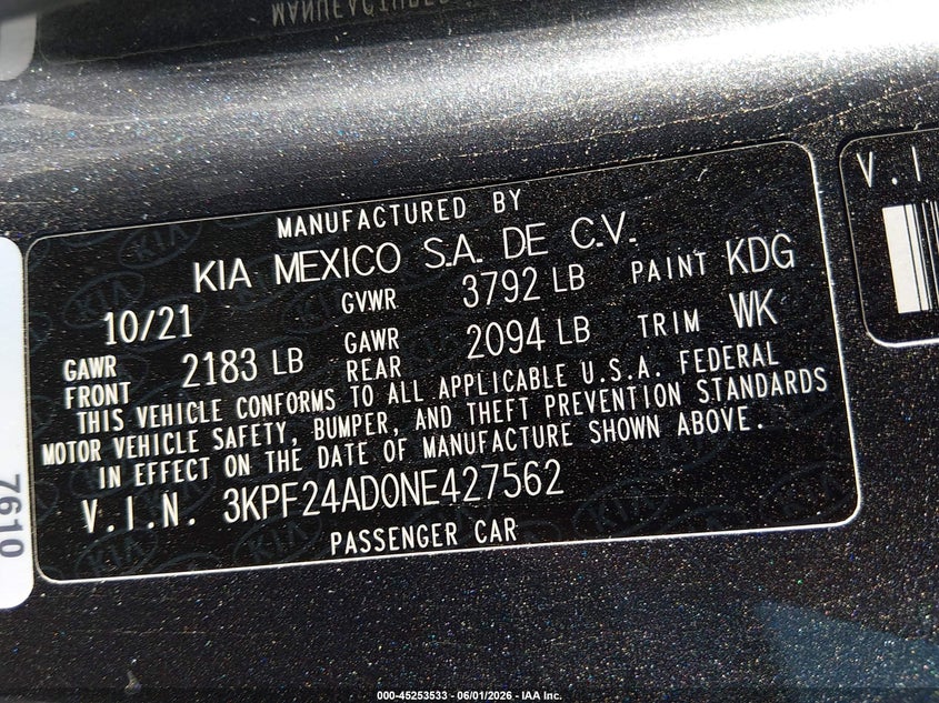 2022 Kia Forte VIN 3KPF24AD0NE427562 IAAI salvage auction — FRONT END, Salvage Title, sold $3,650 on 2026-07-24 (photo 9)