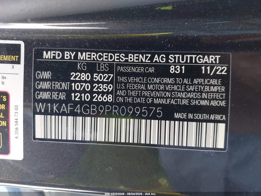 2023 Mercedes-benz C-klasse VIN W1KAF4GB9PR099575 IAAI salvage auction — FRONT & REAR, Salvage Title, sold $18,800 on 2026-07-15 (photo 9)