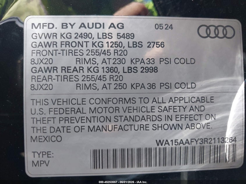2024 Audi Q5 sportback VIN WA15AAFY3R2113264 IAAI salvage auction — RIGHT FRONT, Salvage Title, sold $20,600 on 2026-08-07 (photo 9)