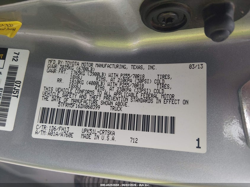 2013 Toyota Tundra VIN 5TFRM5F16DX060399 IAAI salvage auction — LEFT & RIGHT, Salvage Title, sold $5,300 on 2026-07-07 (photo 9)