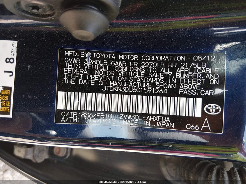 2012 Toyota Prius VIN JTDKN3DU6C1591264 IAAI salvage auction — LEFT FRONT, Salvage Title, sold $1,900 on 2026-07-15 (photo 9)