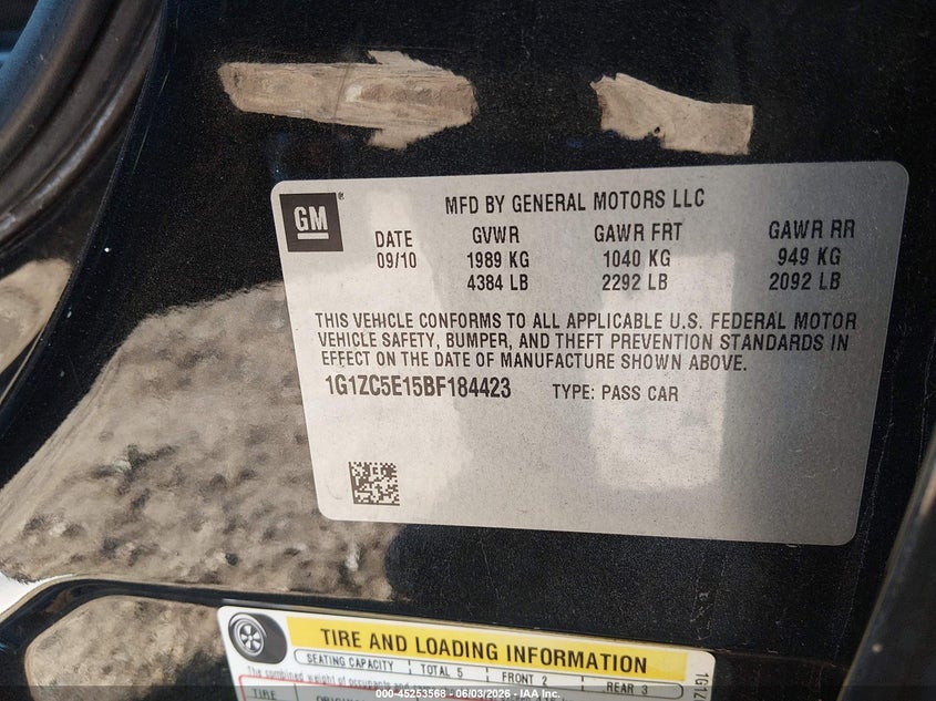 2011 Chevrolet Malibu VIN 1G1ZC5E15BF184423 IAAI salvage auction — LEFT SIDE, Salvage (North Carolina), sold $300 on 2026-07-06 (photo 9)