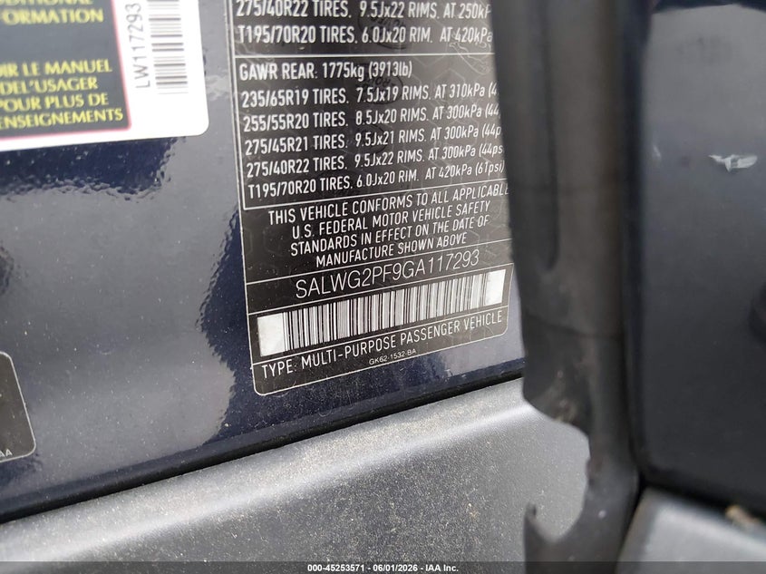 2016 Land rover Range rover sport VIN SALWG2PF9GA117293 IAAI salvage auction — VANDALISM, Salvage Title, sold $2,750 on 2026-07-15 (photo 9)