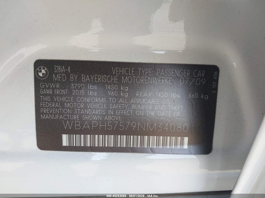 2009 BMW 3 series VIN WBAPH57579NM34080 IAAI salvage auction — REAR END, Salvage (California), sold $1,200 on 2026-07-09 (photo 9)