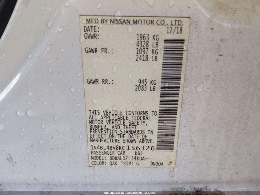 2019 Nissan Altima VIN 1N4BL4BV8KC156326 IAAI salvage auction — FRONT END, Salvage Title, sold $2,400 on 2026-07-31 (photo 9)