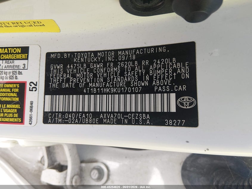 2019 Toyota Camry VIN 4T1B11HK9KU170107 IAAI salvage auction — REAR END, Salvage Title, sold $4,750 on 2026-07-19 (photo 9)