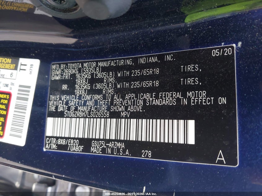 2020 Toyota Highlander VIN 5TDGZRBH7LS026558 IAAI salvage auction — FRONT END, Salvage Title, sold $8,300 on 2026-07-14 (photo 9)