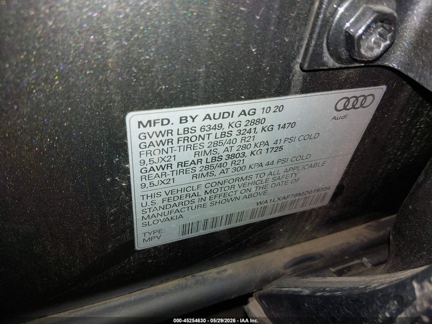 2021 Audi Q7 VIN WA1LXAF79MD019724 IAAI salvage auction — FRONT END, Salvage Title, sold $7,900 on 2026-07-30 (photo 9)