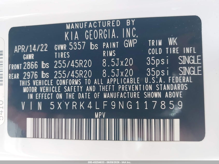 2022 Kia Sorento VIN 5XYRK4LF9NG117859 IAAI salvage auction — FRONT END, Original (Texas), sold $8,500 on 2026-07-24 (photo 9)