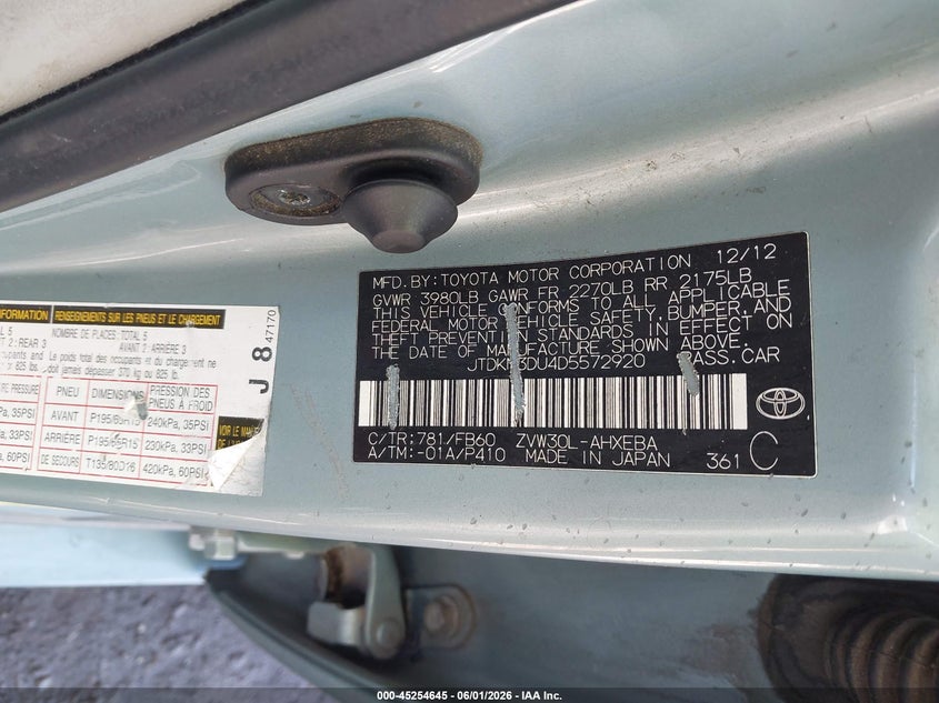 2013 Toyota Prius VIN JTDKN3DU4D5572920 IAAI salvage auction — RIGHT REAR, Salvage Title, sold $750 on 2026-07-13 (photo 9)