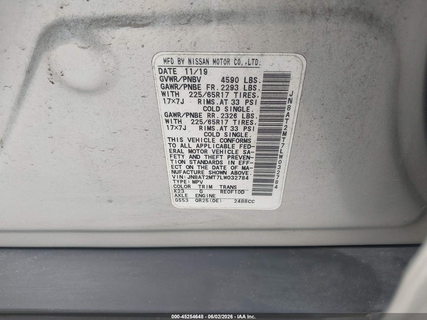 2020 Nissan Rogue VIN JN8AT2MT7LW032784 IAAI salvage auction — LEFT REAR, Original (Texas), sold $1,050 on 2026-07-24 (photo 9)