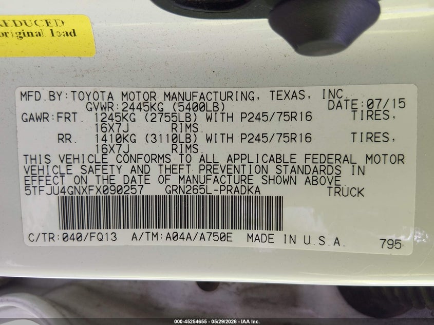 2015 Toyota Tacoma VIN 5TFJU4GNXFX090257 IAAI salvage auction — FRONT END, Original (Texas), sold $5,000 on 2026-07-28 (photo 9)