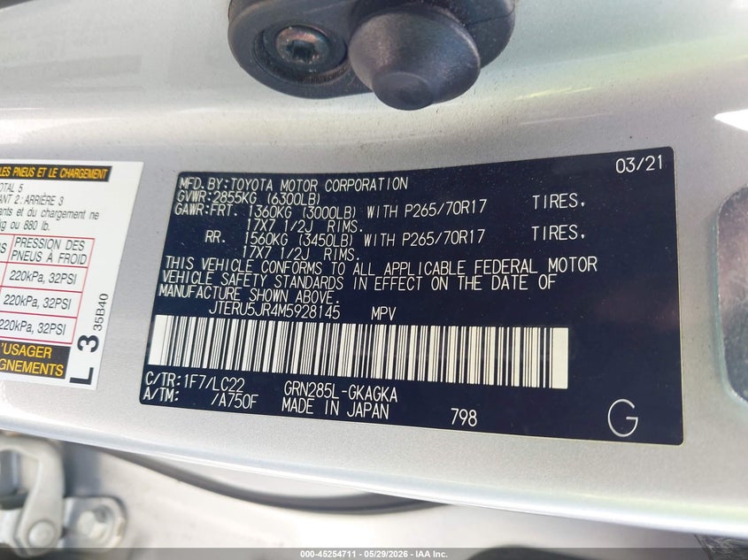 2021 Toyota 4runner VIN JTERU5JR4M5928145 IAAI salvage auction — THEFT, Salvage (California), sold $18,450 on 2026-07-08 (photo 9)