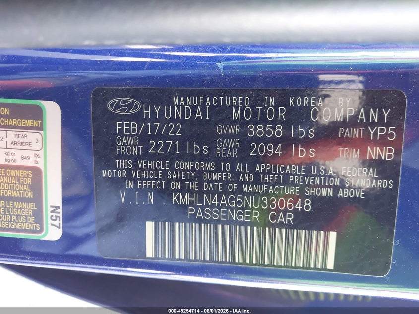 2022 Hyundai Elantra VIN KMHLN4AG5NU330648 IAAI salvage auction — REAR END, Salvage (California), sold $3,350 on 2026-07-28 (photo 9)