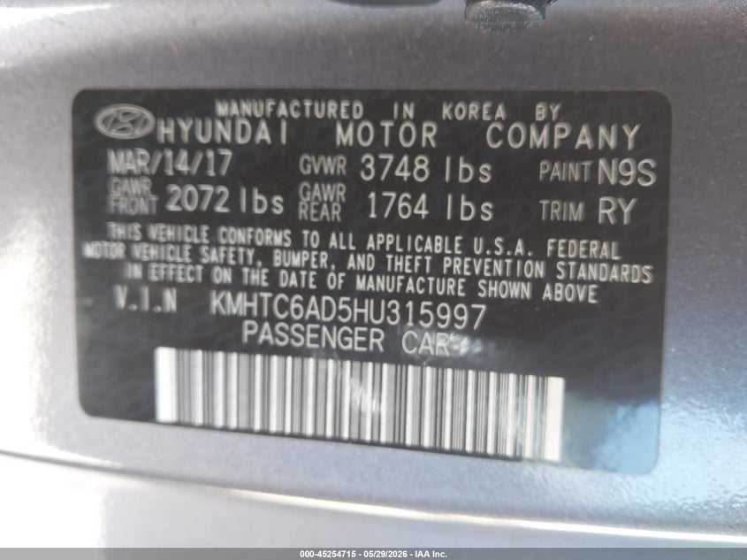 2017 Hyundai Veloster VIN KMHTC6AD5HU315997 IAAI salvage auction — UNKNOWN, Clear (Arizona), sold $300 on 2026-07-14 (photo 9)