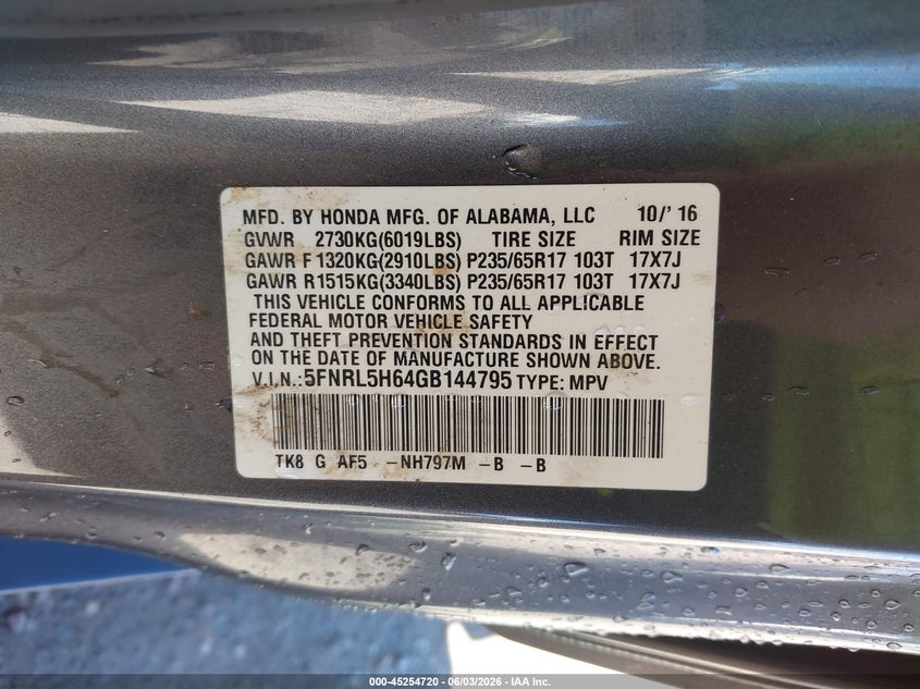 2016 Honda Odyssey VIN 5FNRL5H64GB144795 IAAI salvage auction — FRONT END, Salvage Title, sold $3,600 on 2026-07-10 (photo 9)