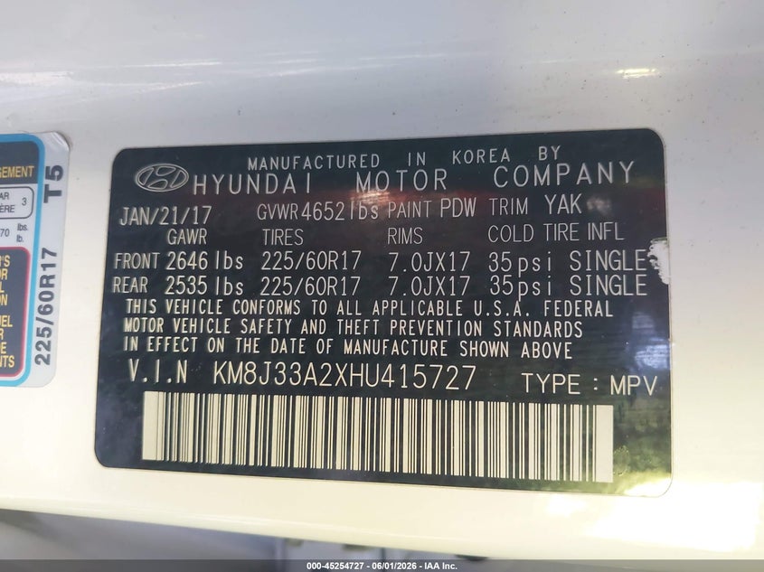 2017 Hyundai Tucson VIN KM8J33A2XHU415727 IAAI salvage auction — FRONT & REAR, Salvage Title, sold $2,150 on 2026-07-14 (photo 9)