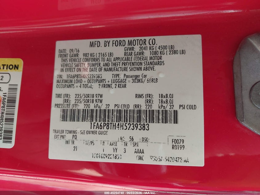 2017 Ford Mustang VIN 1FA6P8TH4H5239383 IAAI salvage auction — FRONT END, Salvage Title, sold $4,950 on 2026-07-24 (photo 9)