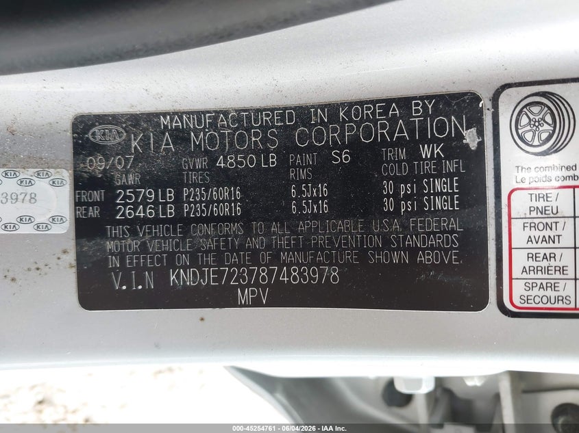 2008 Kia Sportage VIN KNDJE723787483978 IAAI salvage auction — SIDE, Clear (Montana), sold $275 on 2026-08-23 (photo 9)