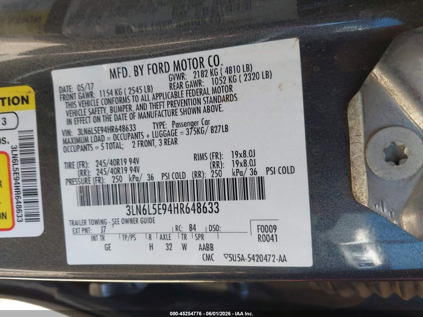 2017 Lincoln Mkz VIN 3LN6L5E94HR648633 IAAI salvage auction — LEFT SIDE, Salvage Title, sold $1,350 on 2026-07-28 (photo 9)