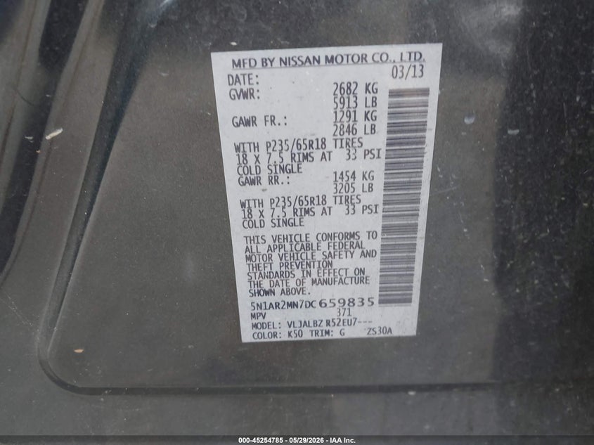 2013 Nissan Pathfinder VIN 5N1AR2MN7DC659835 IAAI salvage auction — NORMAL WEAR, Salvage Title, sold $375 on 2026-07-09 (photo 9)