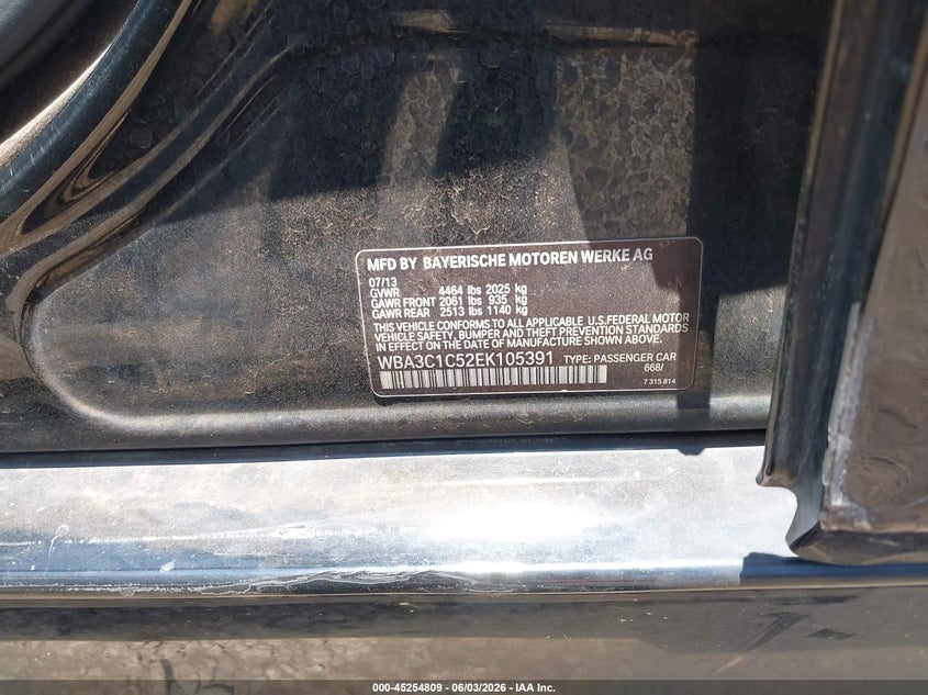 2014 BMW 3er VIN WBA3C1C52EK105391 IAAI salvage auction — LEFT SIDE, Salvage (Hawaii), sold $150 on 2026-07-28 (photo 9)