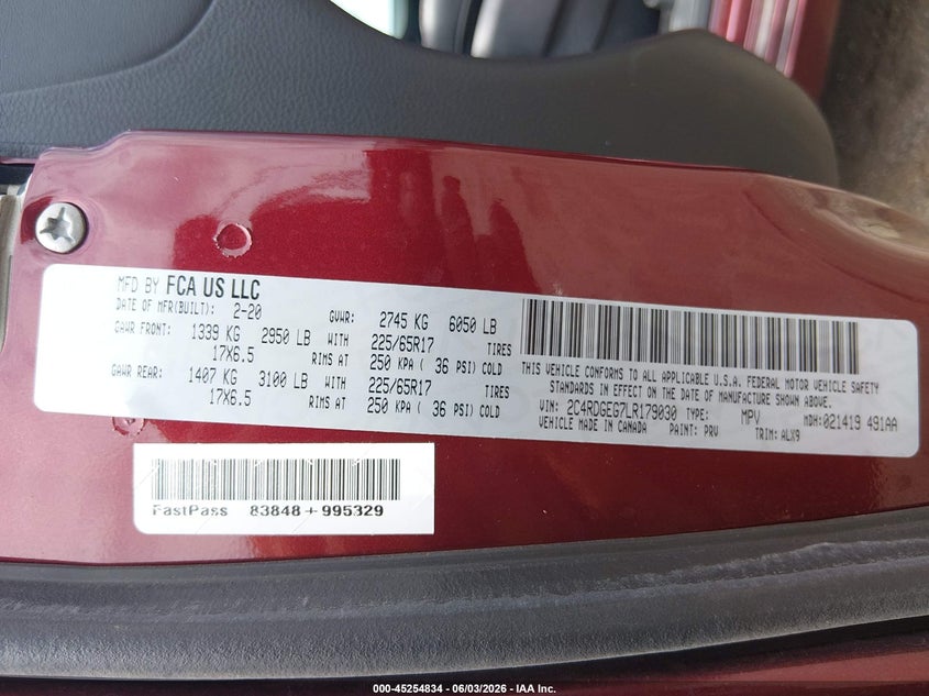 2020 Dodge Caravan VIN 2C4RDGEG7LR179030 IAAI salvage auction — HAIL, Salvage Title, sold $2,200 on 2026-07-29 (photo 9)