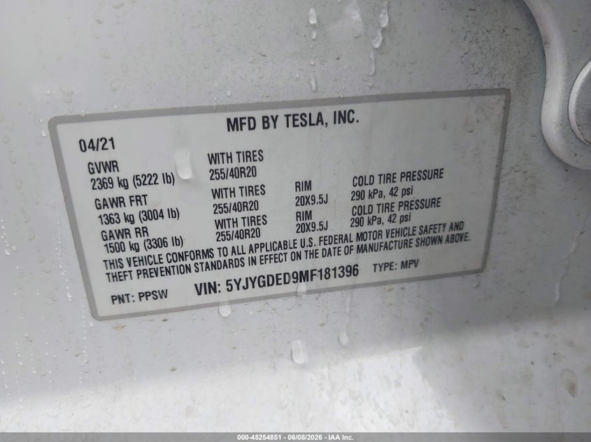 2021 Tesla Model y VIN 5YJYGDED9MF181396 IAAI salvage auction — REAR END, Salvage Title, sold $6,000 on 2026-07-09 (photo 9)