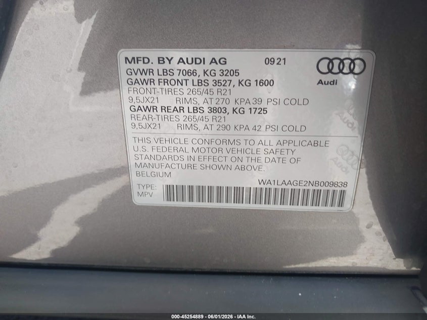 2022 Audi E-tron VIN WA1LAAGE2NB009838 IAAI salvage auction — FRONT END, Salvage Title, sold $12,150 on 2026-07-07 (photo 9)