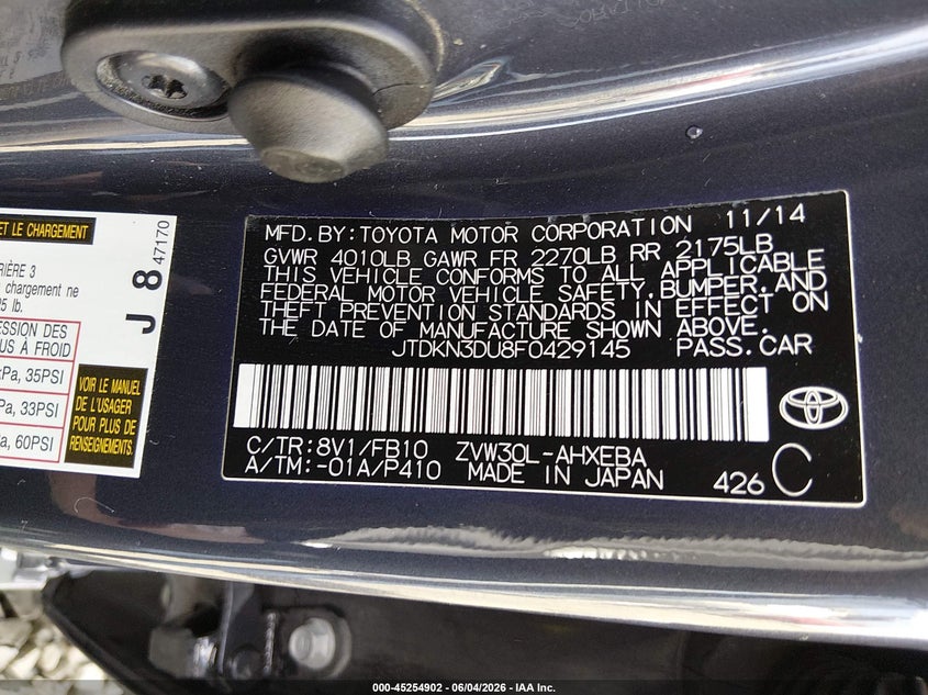 2015 Toyota Prius VIN JTDKN3DU8F0429145 IAAI salvage auction — LEFT SIDE, Salvage Title, sold $1,350 on 2026-07-29 (photo 9)