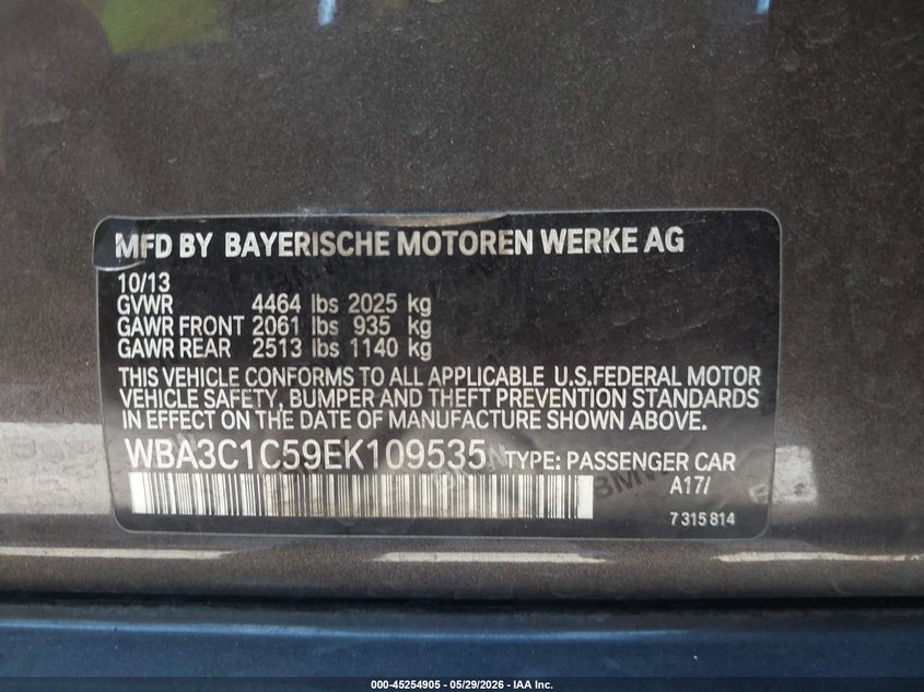 2014 BMW 3er VIN WBA3C1C59EK109535 IAAI salvage auction — RIGHT FRONT, Salvage Title, sold $900 on 2026-08-05 (photo 9)