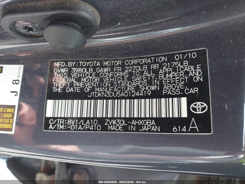 2010 Toyota Prius VIN JTDKN3DU5A0124419 IAAI salvage auction — FRONT END, Prior Salvage (Minnesota), sold $500 on 2026-07-27 (photo 9)