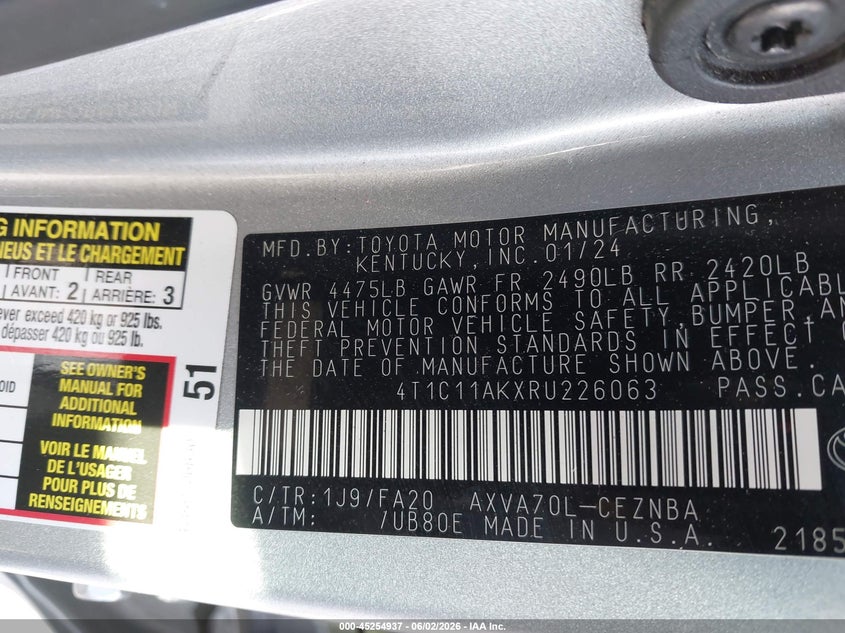 2024 Toyota Camry VIN 4T1C11AKXRU226063 IAAI salvage auction — SIDE, Salvage Title, sold $4,350 on 2026-07-31 (photo 9)