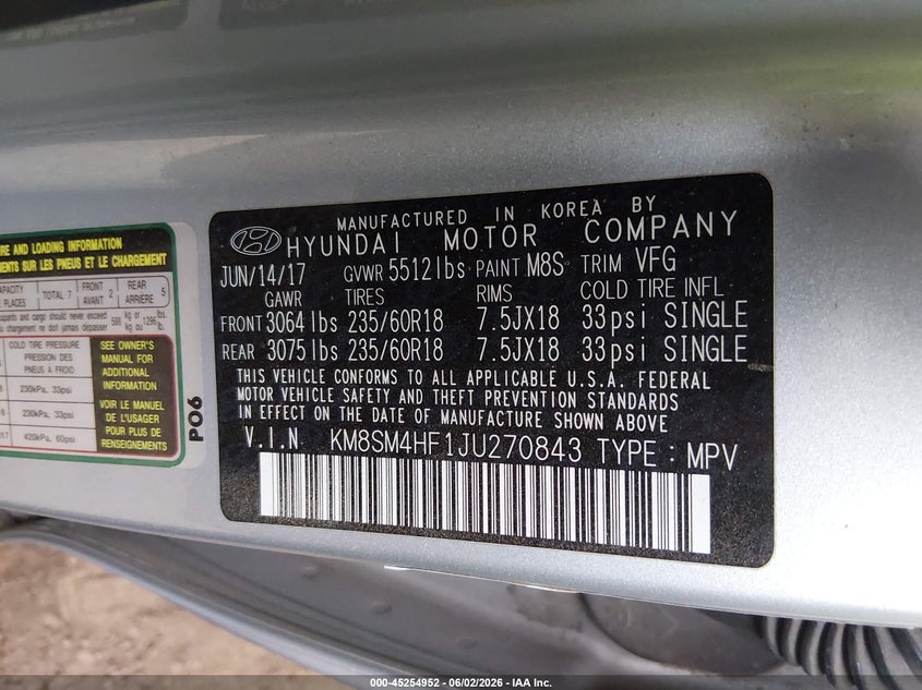 2018 Hyundai Santa fe VIN KM8SM4HF1JU270843 IAAI salvage auction — LEFT SIDE, Salvage Title, sold $1,600 on 2026-07-21 (photo 9)
