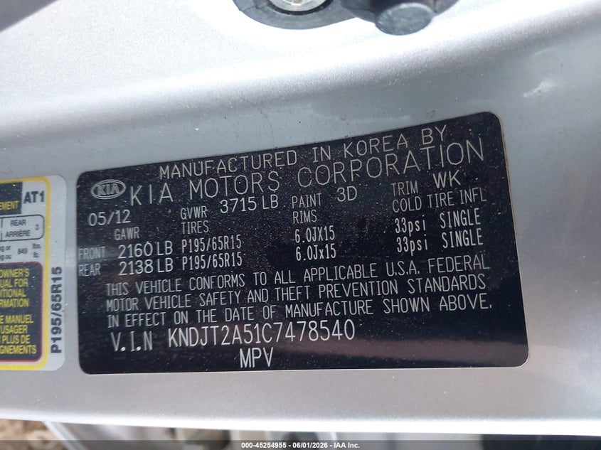 2012 Kia Soul VIN KNDJT2A51C7478540 IAAI salvage auction — RIGHT FRONT, Salvage Title, sold $950 on 2026-07-07 (photo 9)