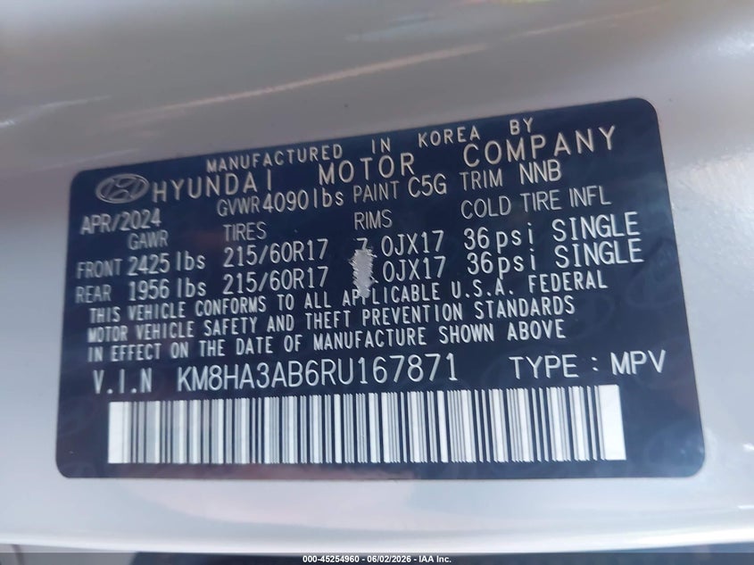 2024 Hyundai Kona VIN KM8HA3AB6RU167871 IAAI salvage auction — SIDE, Salvage Title, sold $5,400 on 2026-07-14 (photo 9)