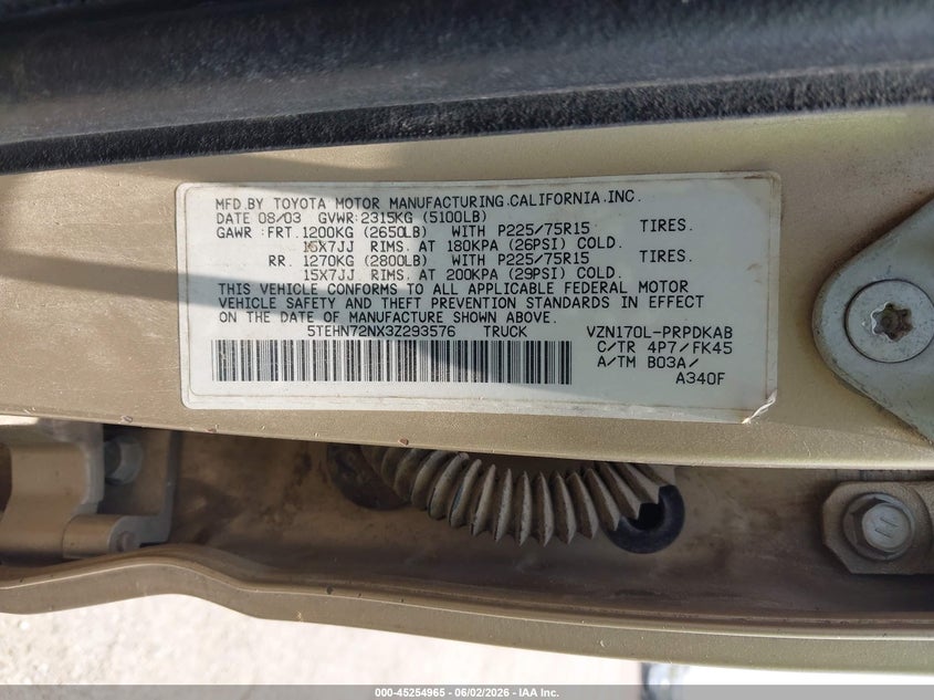2003 Toyota Tacoma VIN 5TEHN72NX3Z293576 IAAI salvage auction — LEFT FRONT, Original (Texas), sold $2,525 on 2026-07-14 (photo 9)