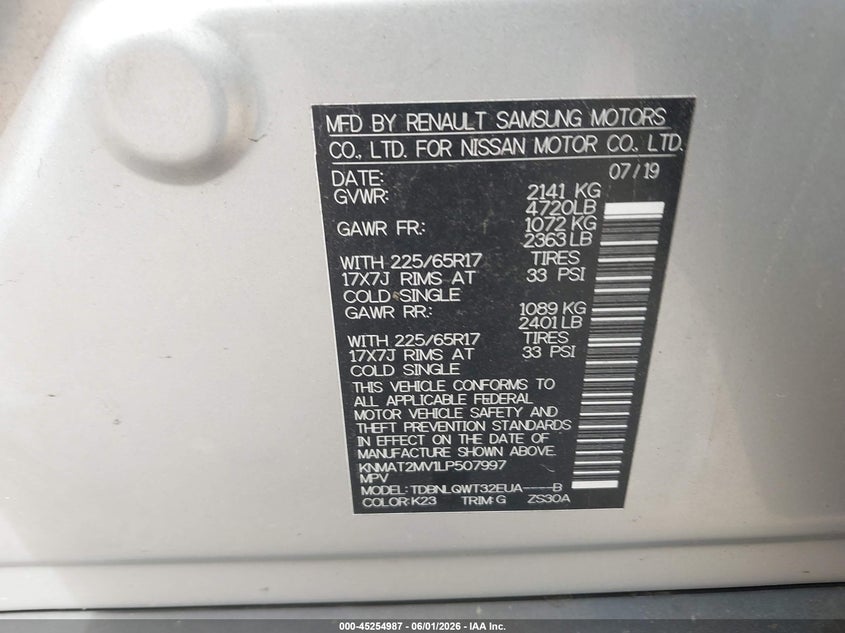 2020 Nissan Rogue VIN KNMAT2MV1LP507997 IAAI salvage auction — FRONT END, Salvage Title, sold $25 on 2026-07-29 (photo 9)