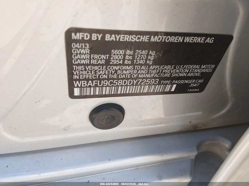 2013 BMW 5er VIN WBAFU9C58DDY72593 IAAI salvage auction — FRONT END, Salvage (Minnesota), sold $1,250 on 2026-07-29 (photo 9)