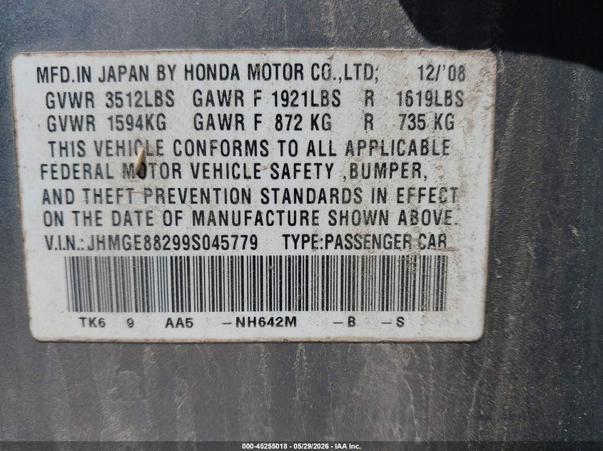 2009 Honda Fit VIN JHMGE88299S045779 IAAI salvage auction — NORMAL WEAR, Original (Ohio), sold $650 on 2026-07-29 (photo 9)
