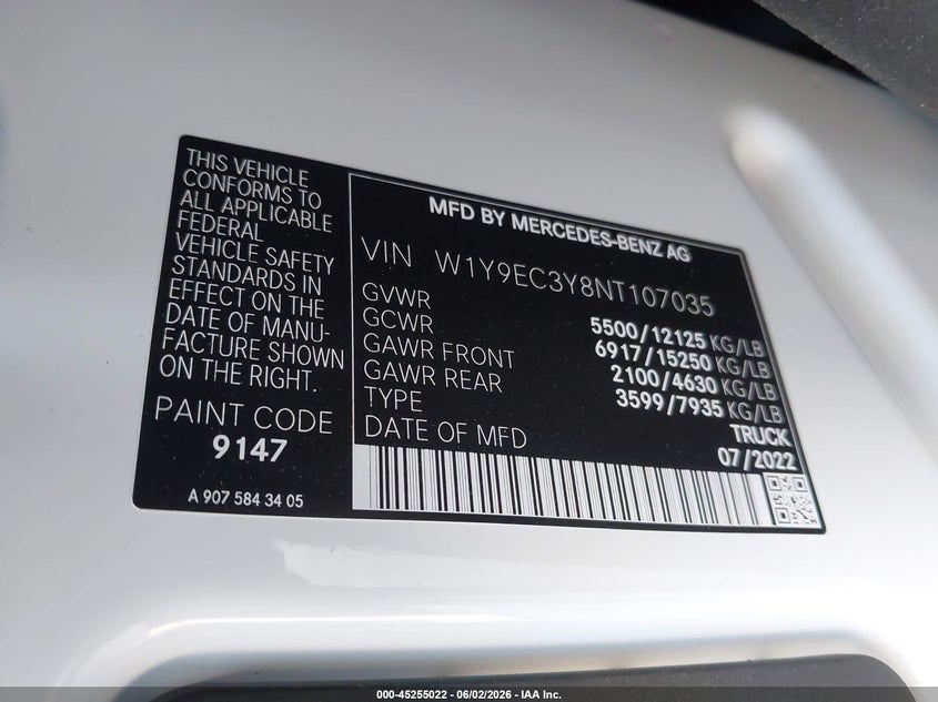 2022 Mercedes-benz Sprinter VIN W1Y9EC3Y8NT107035 IAAI salvage auction — LEFT FRONT, Salvage Title, sold $20,250 on 2026-07-07 (photo 9)