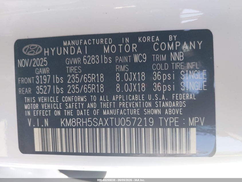 2026 Hyundai Palisade VIN KM8RH5SAXTU057219 IAAI salvage auction — LEFT & RIGHT, Salvage (California), sold $8,900 on 2026-07-08 (photo 9)
