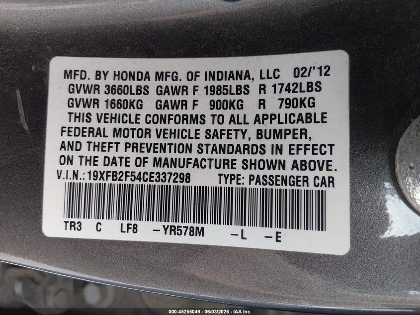 2012 Honda Civic VIN 19XFB2F54CE337298 IAAI salvage auction — HAIL, Salvage Title, sold $1,800 on 2026-07-10 (photo 9)