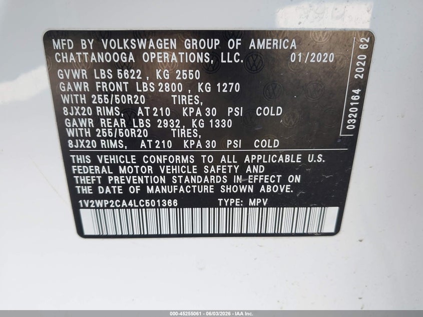 2020 Volkswagen Atlas VIN 1V2WP2CA4LC501366 IAAI salvage auction — SIDE, Salvage Title, sold $5,600 on 2026-08-02 (photo 9)