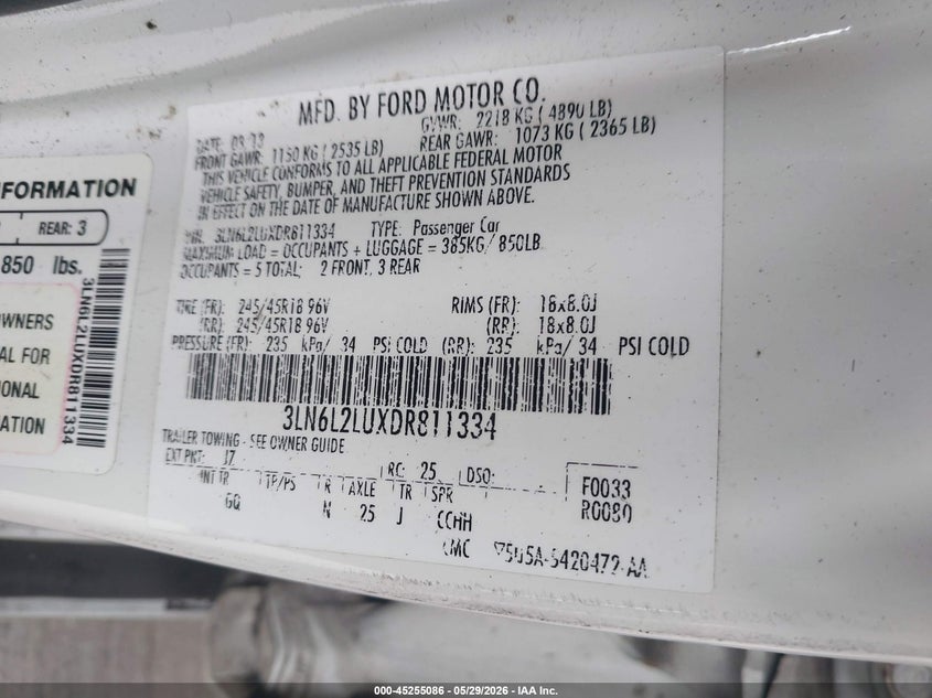 2013 Lincoln Mkz VIN 3LN6L2LUXDR811334 IAAI salvage auction — REAR END, Salvage Title, sold $650 on 2026-07-20 (photo 9)