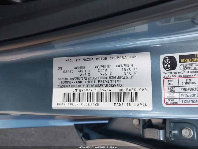 2015 Mazda 3 VIN JM1BM1V7XF1259414 IAAI salvage auction — FRONT END, Salvage Certificate (California), sold $800 on 2026-07-24 (photo 9)