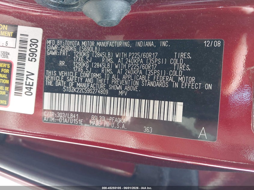 2009 Toyota Sienna VIN 5TDZK22C59S274809 IAAI salvage auction — LEFT & RIGHT, Clear (Wisconsin), sold $350 on 2026-07-31 (photo 9)